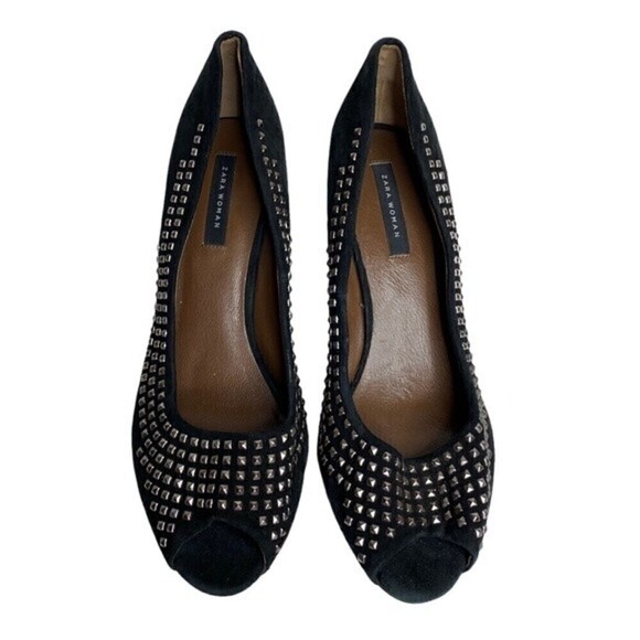 ZARA Black Studded Peep Toe Heels Size 41 - Picture 3 of 7